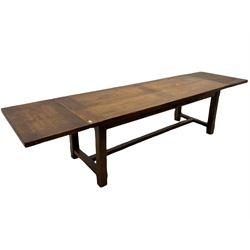 Antix French oak dining table with two leaves, two frieze drawers;, and six ladder back chairs with rush seats
