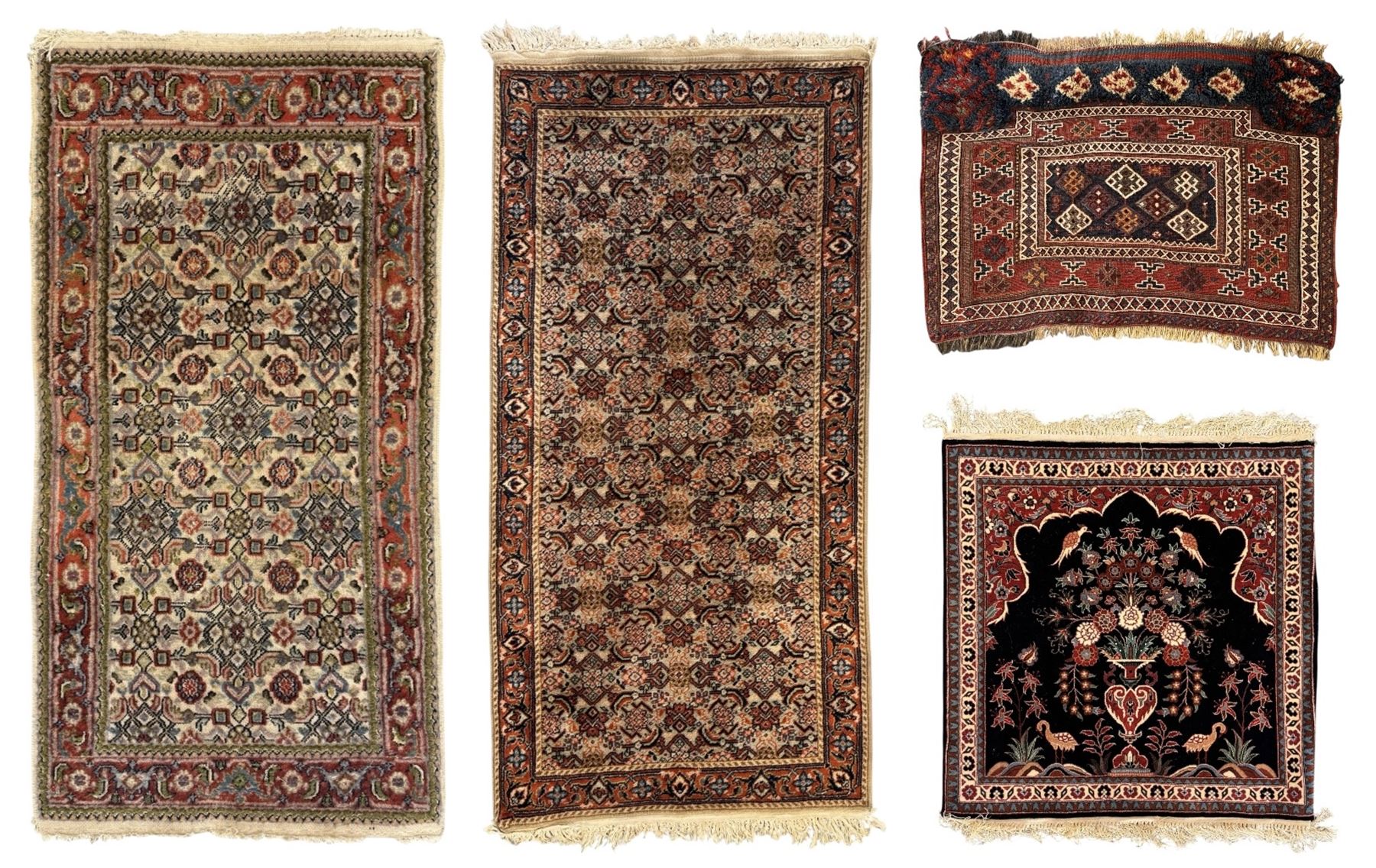 Persian-style wool rug, cream field with floral and geometric motifs, wide floral border (74cm x 142cm); Persian wool rug, beige field with dense floral patterns, narrow floral border (70cm x 144cm); Tribal wool rug, red and navy with diamond motifs (96cm x 60cm); Persian pictorial wool rug, black field with vase, birds, and floral border (70cm x 73cm)