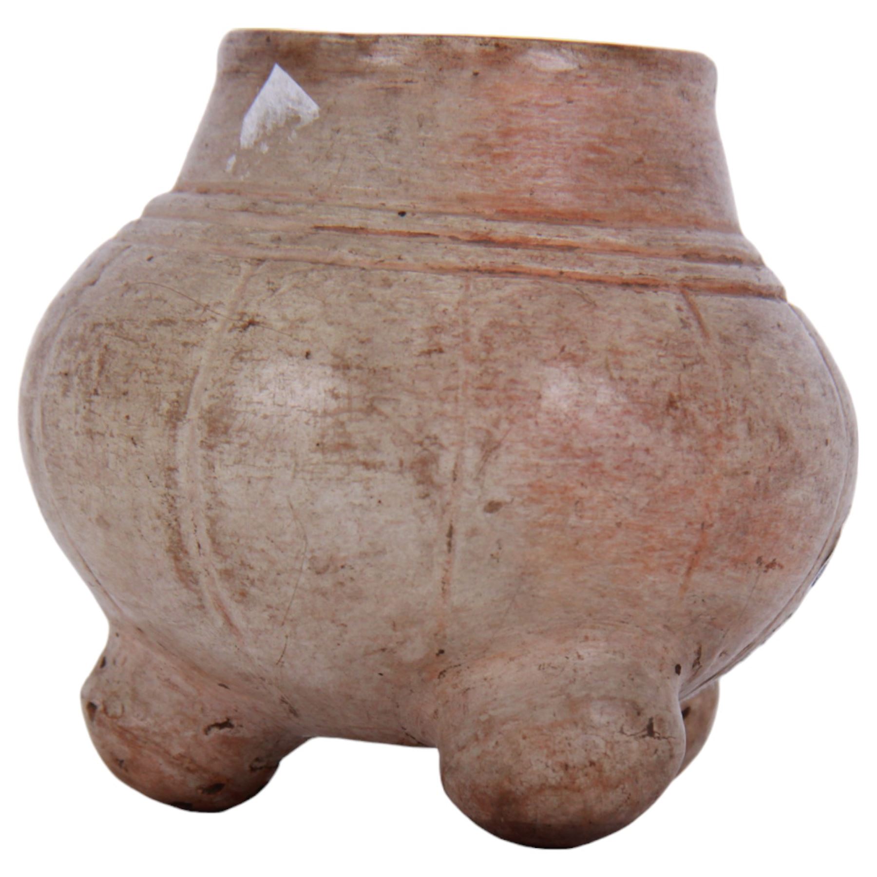 Maya pottery tetrapod bowl or jar, the cream glazed body of part ribbed bulbous form with short neck, upon three short feet, H10cm

With accompanying collectors note detailed 'Maya musical bowl, exceedingly rare cream glaze. Pre-Classic period Circa 400 AD.'