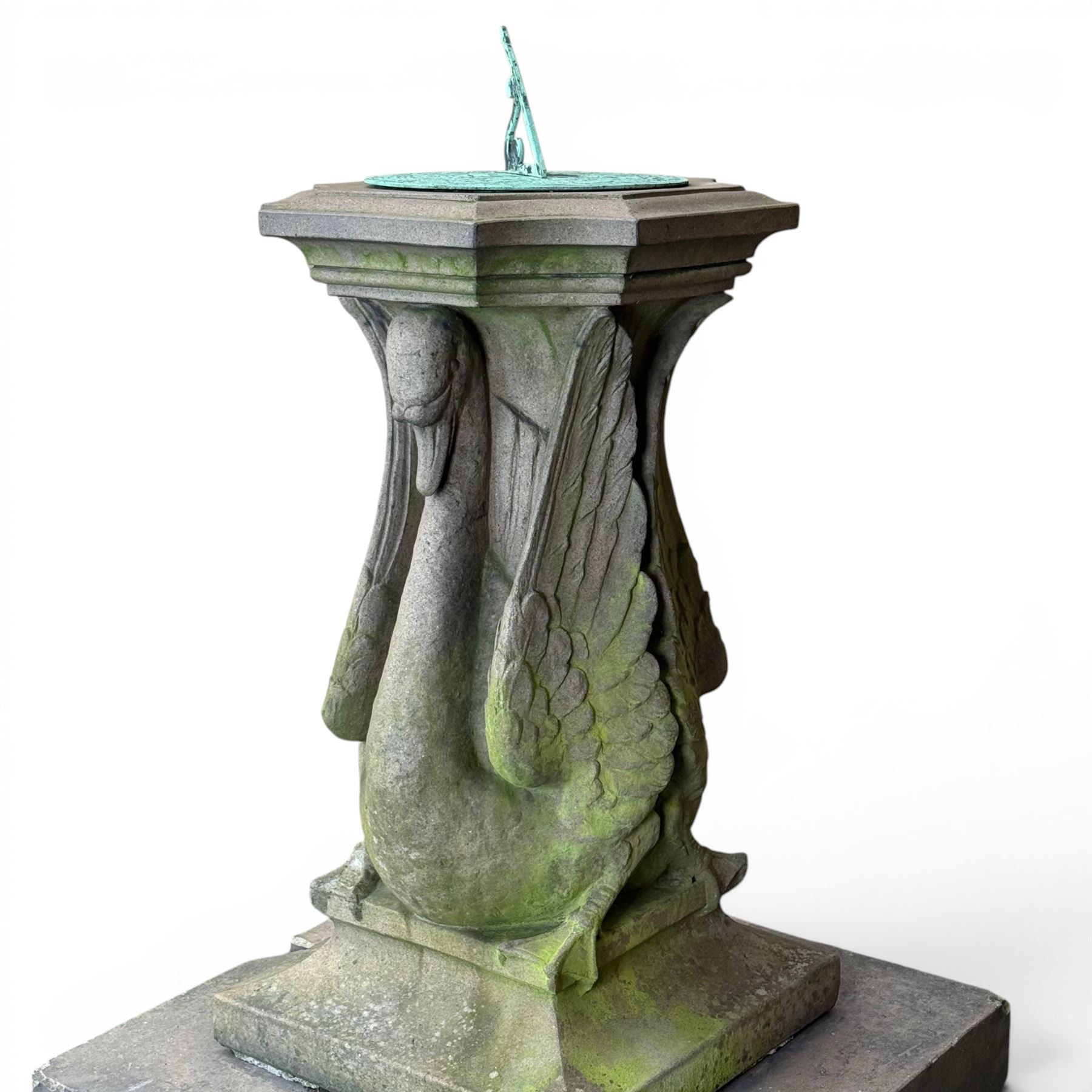 Late 20th century terracotta twin swan sundial, well figured seated back to back with shaped top, raised on four sectional base. Measurements exclude base.
Base: 60cm x 60cm