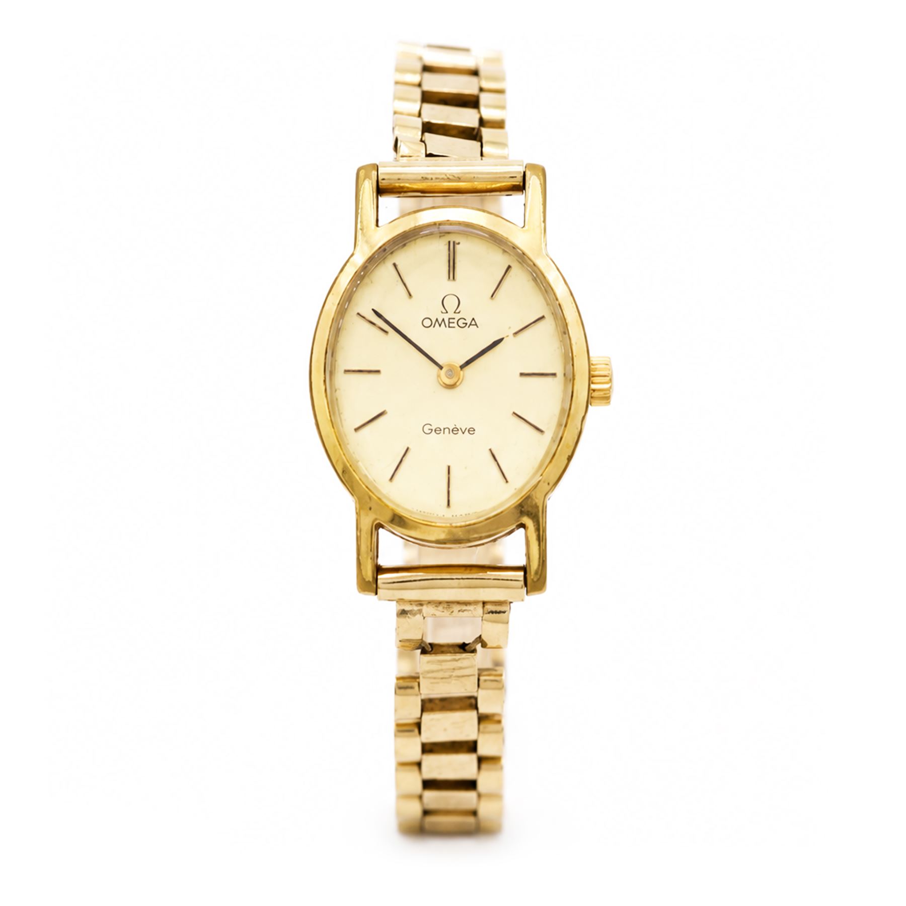 Omega ladies gold-plated manual wind wristwatch, gilt dial with baton hour markers, on 9ct gold bracelet, London 1976