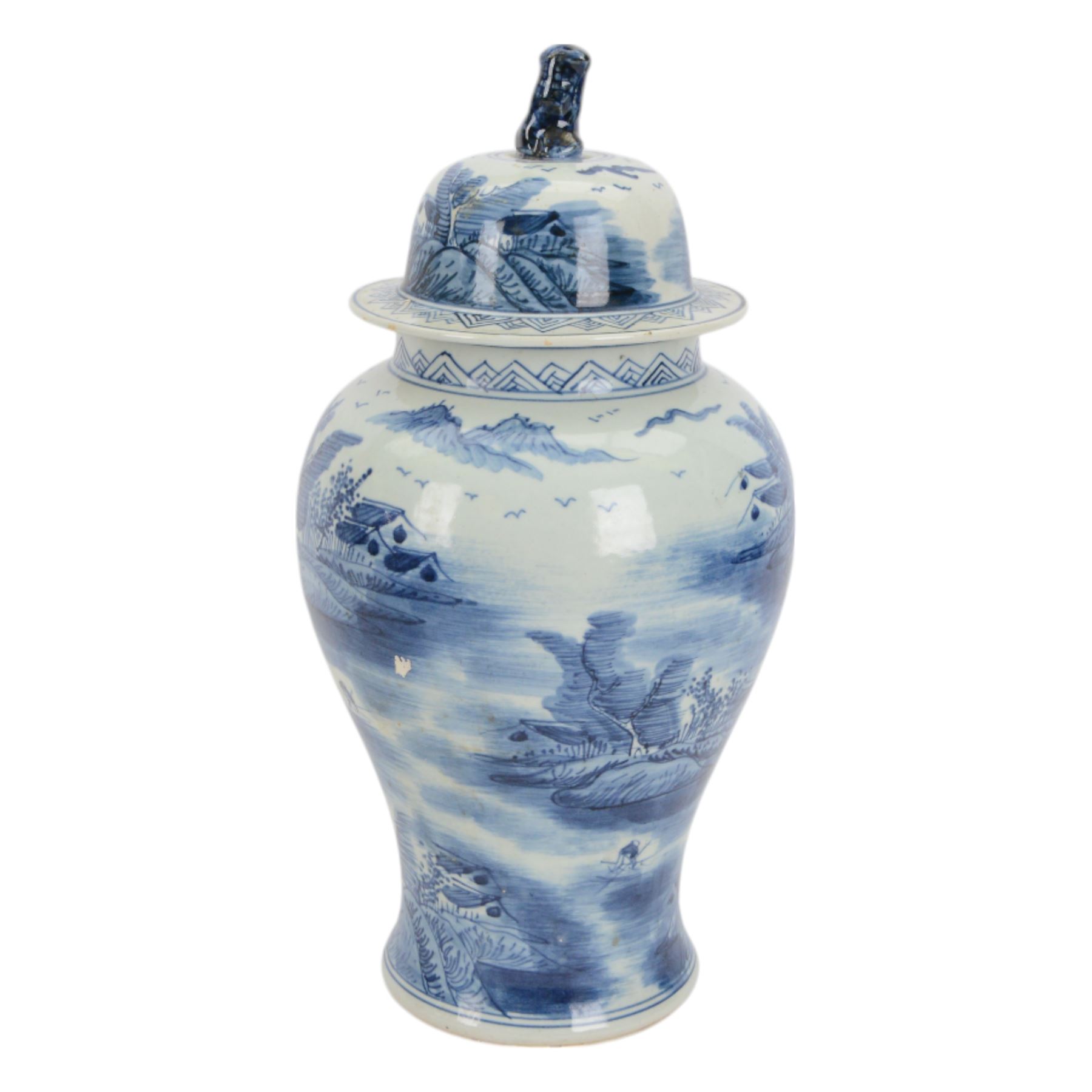 20th century Chinese blue and white jar and cover, of baluster form with domed cover with foo dog finial, decorated with waterside landscape scene with huts upon islands and figures in boats, H45.5cm