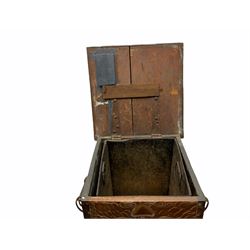 Arts and Crafts copper coal box, of square form with twin curved handles, with hammered finish, and embossed stylised motif to the front and hinged cover, H37cm L40cm D35.5cm