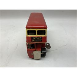 Tri-ang Minic tin-plate clockwork - London Transport Routemaster double decker bus 'Route 14 Putney' with Bovril and Tri-ang Pedal Motors advertisements; and Refuse Wagon with three sliding compartments; both unboxed (2)