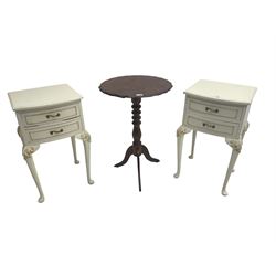 Pair French design ivory painted bow-front bedside lamp tables, fitted with two drawers, raised on cabriole supports with moulded acanthus leaf decoration (W41cm H72cm); and 19th century mahogany occasional table, waived edge, raised on turned pedestal (W50cm H74cm)