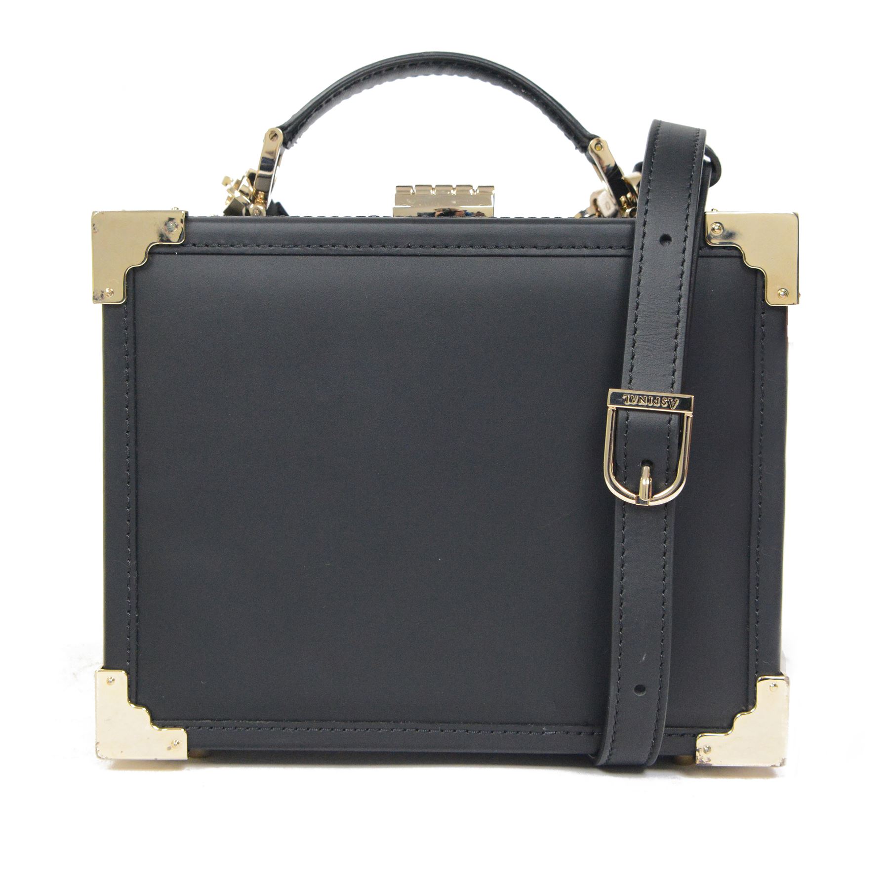 Aspinal of London black leather structured top-handle handbag with gold-tone metal mounts and corner protectors, the hinged lid opening to a fabric-lined interior fitted with a zip pocket and slip compartment, leather brand label stamped Aspinal of London England, fitted with a detachable adjustable leather shoulder strap, accompanied by an Aspinal of London dust bag and presentation box, W19cm D8cm H16cm