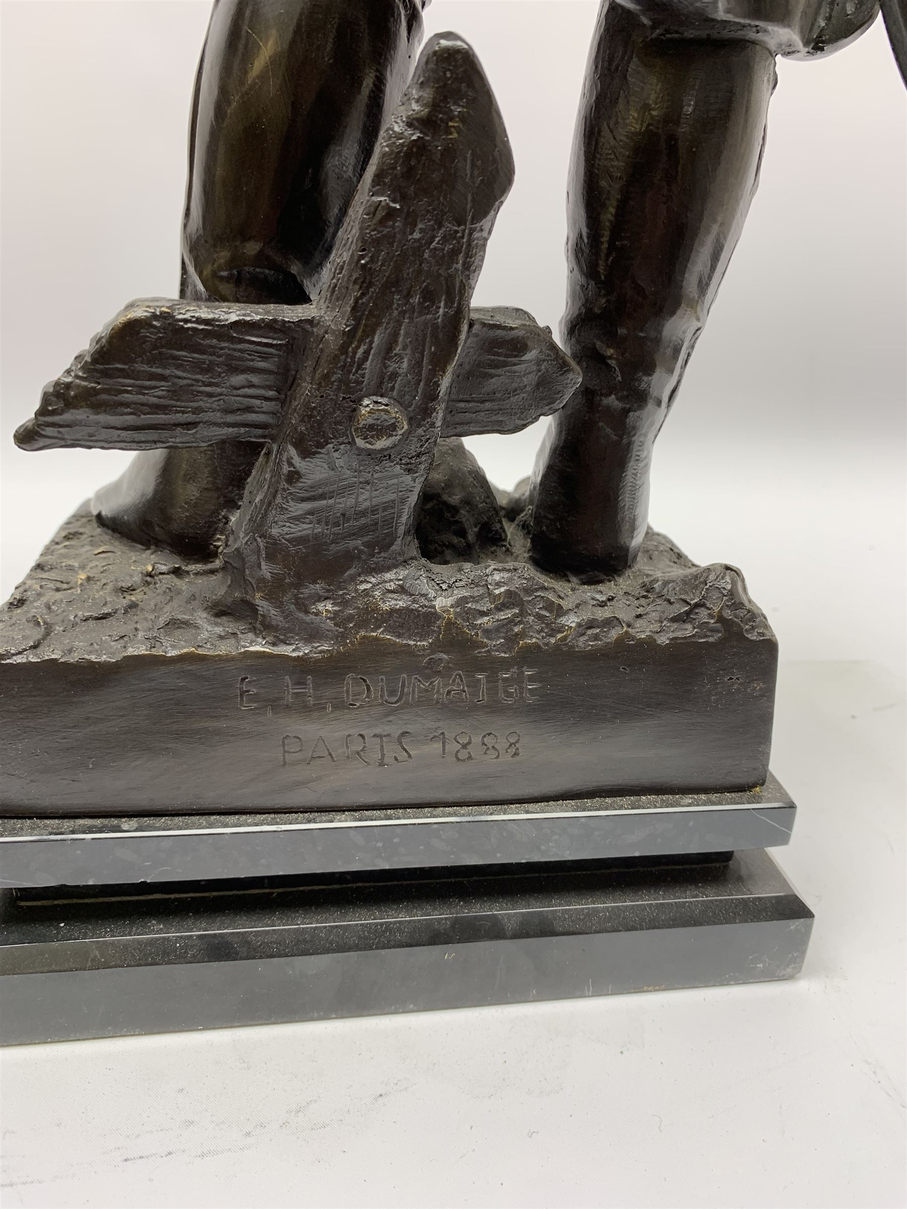 After Etienne-Henri Dumaige (1830-1888): 'Avant de Combat Volontaire de 1792' and 'Apres de Combat Grenaider de 1792', pair of large bronze figures modelled as French Revolutionary soldiers, each upon rectangular stepped black marble base, signed E H Dumaige, Paris 1888, tallest example H68.5cm