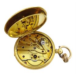 18ct gold full hunter key wound cylinder ladies pocket watch, gilt dial with Roman numerals, the inner dust cover engraved 'Examined by the Goldsmiths' Alliance Limited 11 & 12 Cornhill London', the case with engraved flower, foliate and engraved cartouche decoration, the inner cover engraved Helen Hodson Beverley, stamped 18K