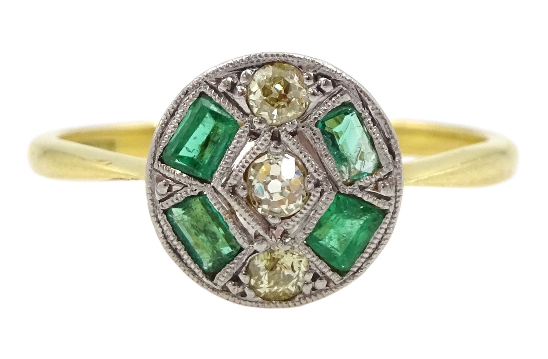 Art Deco old cut diamond and calibre cut emerald target ring, stamped 18ct & PT