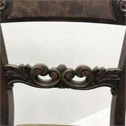 Set six early Victorian mahogany dining chairs, shaped cresting rail with carved foliage detailing, upholstered seat, turned supports, W49cm