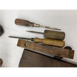 Quantity of woodworking tools, comprising hand drills to include Stanley No. 803 and No. 5803, Qualcast Clipper etc, together with collection of planes to include moulding examples and rebate plane of stepped form, and further tools including chisels etc
