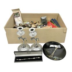 Silver Whitby jet bracelet, Parker Duofold fountain pen with 14ct gold nib, pair of chrome Art deco style candlesticks, wristwatches, costume jewellery and other collectables