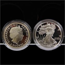 United Kingdom and United States of America 1998 'Ladies of Freedom' one ounce fine silver proof two coins set, comprising Britannia two pounds and Liberty one dollar, cased with certificates