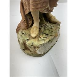 Royal Dux figure no. 686, modelled as a female water carrier, carrying two urns and wearing flowing green and pink robes, with applied pink triangle mark beneath, H61cm