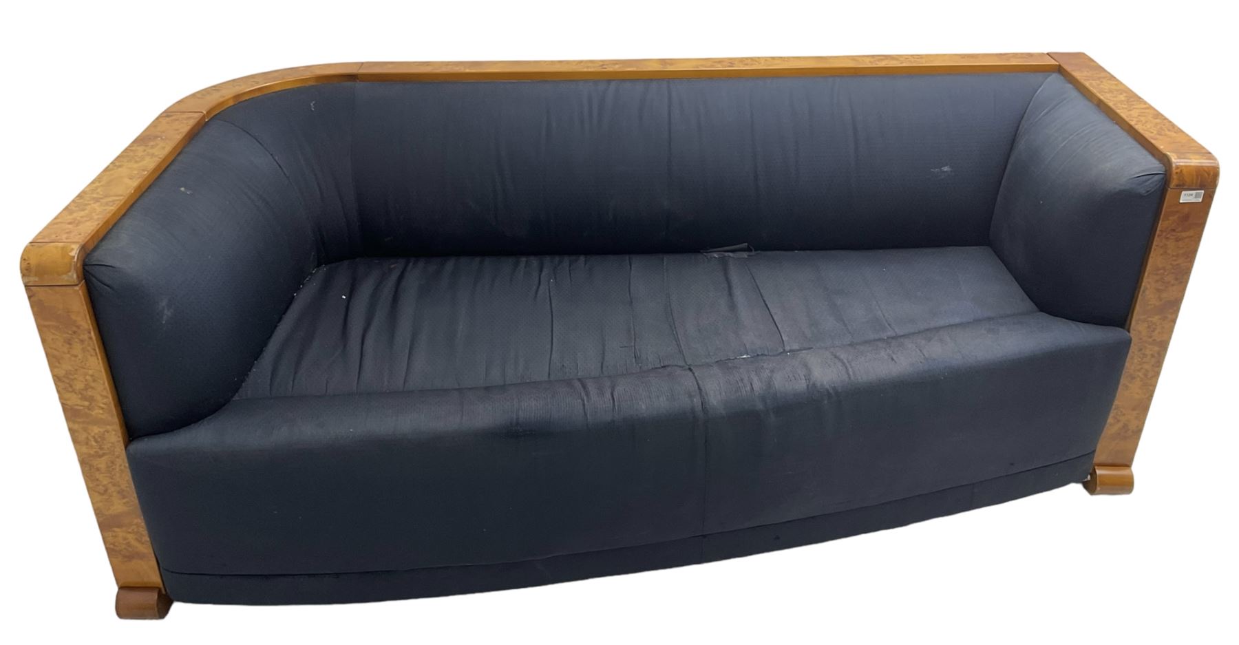 Thormer Polstermobel - Art Deco design three seat sofa, of curved tapering form, upholstered in midnight blue fabric, framed in figured burr elm