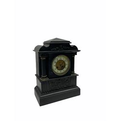Late 19th century Belgium slate mantle clock with an eight-day French rack striking movement striking the hours and half-hours on a coiled gong, dial with an enamel chapter ring and a gilt recessed centre, hours in upright Arabic numerals and minute markers, with steel Fleur de Lys hands, brass bezel and bevelled glass, case on a stepped plinth with frieze depicting Aesculapius the ancient mythical god of medicine, dial flanked by two recessed fluted columns with Corinthian capitals supporting an architectural pediment with applied decorative relief. Movement stamped R&C for Richard & Cie, London and Paris.  
With pendulum.
