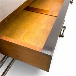 Small Victorian drop-leaf occasional table, rectangular top with drop sides and single frieze drawer, on turned supports and scrolled feet joined by twin stretchers