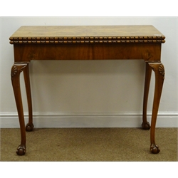 19th century figured walnut card table, egg and dart detailing, green baise inside, shell carved cabriole legs with ball and claw feet, W93cm, H77cm, D90cm  