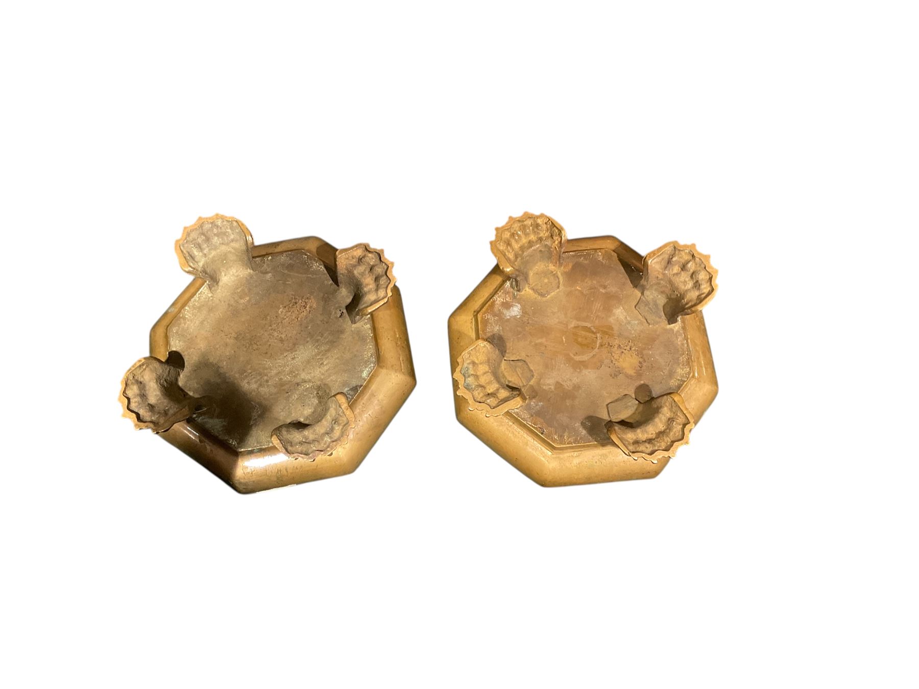 Pair of 19th century, bronze platers, possibly Japanese, of squat cauldron octagonal form, upon four paw feet, H11cm 