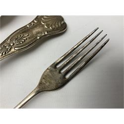 Edwardian silver dessert fork, and silver dessert spoon, hallmarked Sheffield 1905, and 1908, together with a mid 20th century coffee spoon, hallmarked Sheffield 1954, and a silver plated Kings pattern table spoon, approximate total silver weight 108 grams