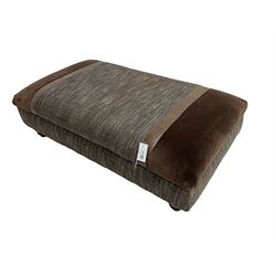 'Canterbury' rectangular footstool upholstered in brown fabric with contrasting textures, on turned feet