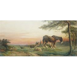 William Henry Pigott (British 1810-1901): Horse Grazing with Seated Sheep, watercolour sig...