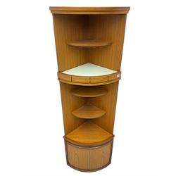 Beautility - mid-20th century teak corner unit, fitted with four shelves over double cupboard