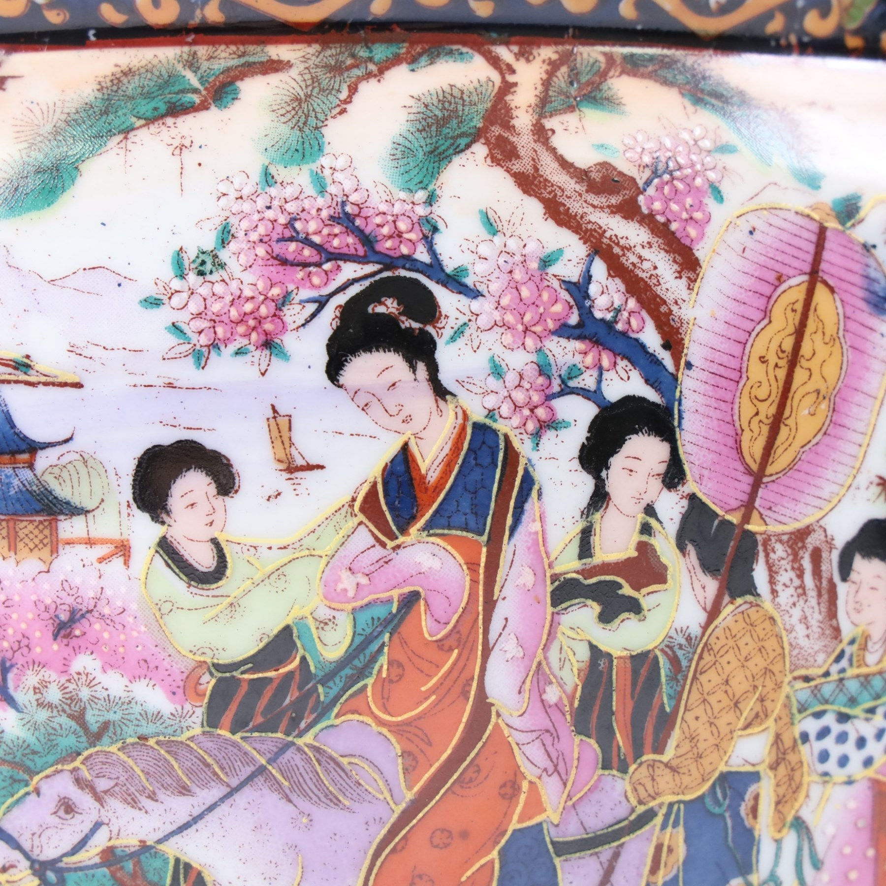 20th century Chinese fish bowl, decorated to exterior with figures surrounded by floral panels the  interior decorated with fish, together with a similar smaller example, largest H32cm