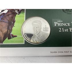 Eight coin covers including, 'Her Majesty Queen Elizabeth II 70th Birthday' containing a 1996 Canadian one ounce silver coin, three coin covers commemorating the 21st Birthday of HRH Prince William each containing a silver coin, '1895 1952 A Tribute to HM King George VI' containing a South Africa 1952 five shilling coin, 'The Notting Hill Carnival' containing a 1998 fifty pence etc (8)