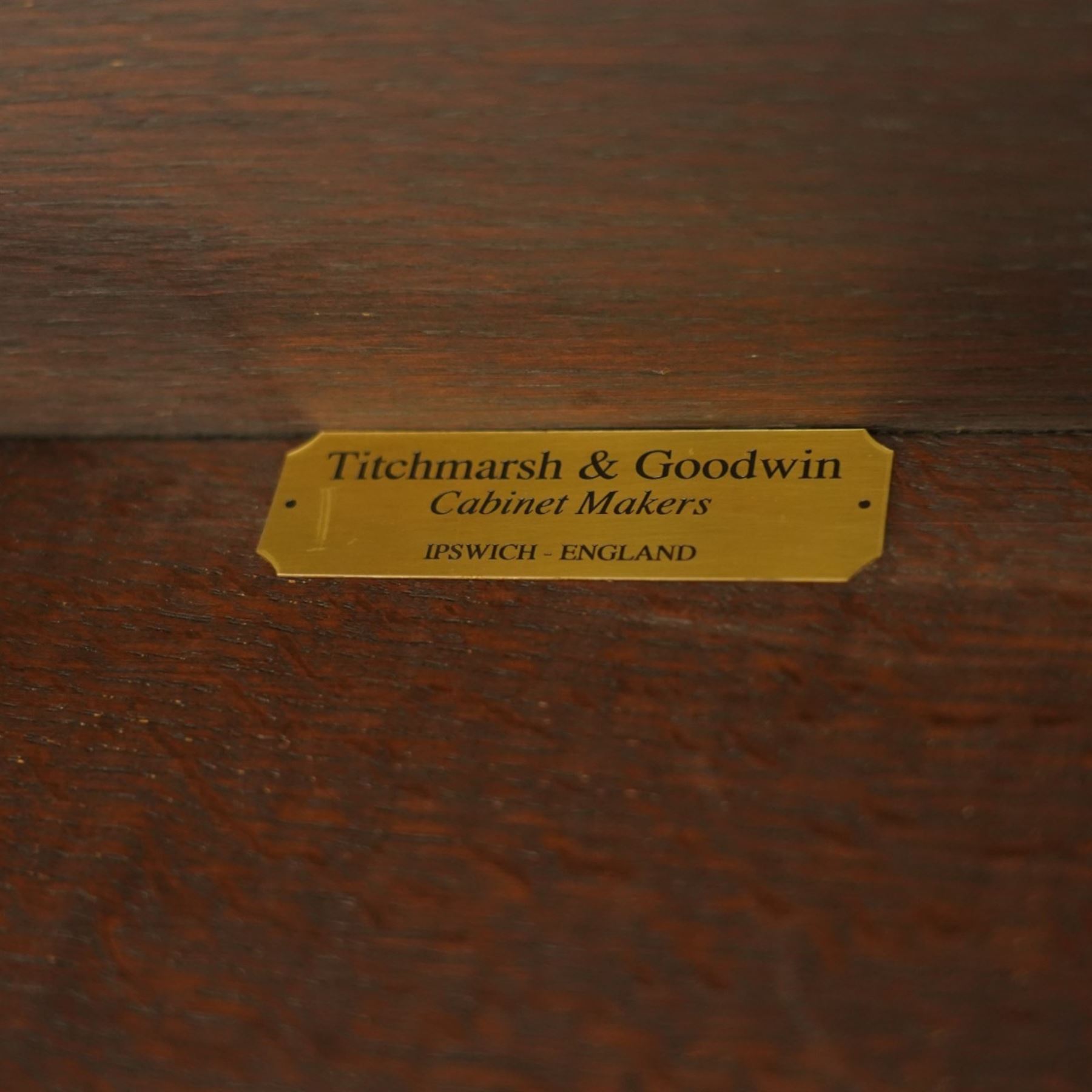Titchmarsh & Goodwin - oak dropleaf wake table, large leaves with gateleg action, raised on turned supports united by stretchers, extends to 148cm