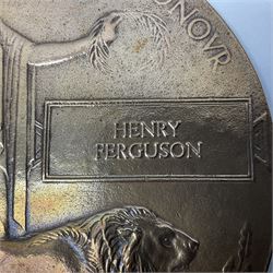 WWI pair of medals comprising British War Medal and Victory Medal awarded to G/62196 Pte. H. Ferguson R. Fus. with ribbons on wearing bar; together with bronze memorial plaque to Henry Ferguson (3)