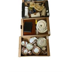 1930s clear and frosted blue glass dressing table set, together with ceramics and other collectables, in four boxes  