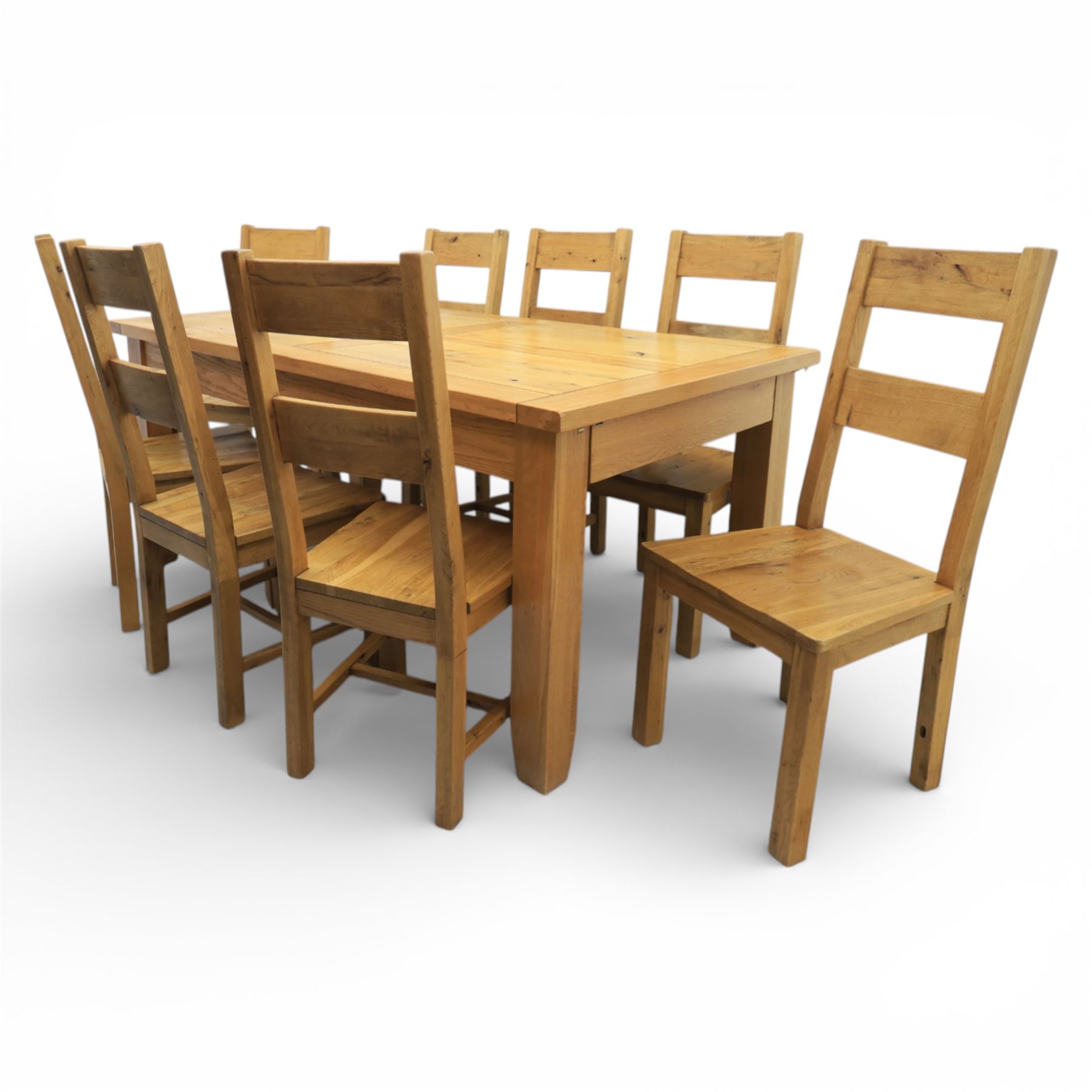 Modern light oak rectangular dining table, and eight high back chairs, stowable leaves extending to 270cm