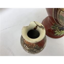 Mid-late 20th century French vase of baluster form, with applied floral decoration and gilding, and twin handles, with impressed mark beneath, H55cm, together with Pair of Japanese satsuma vases of baluster form, with twin handles and polychrome decoration depicting Samurai warriors, and another smaller vase, largest H39.5cm