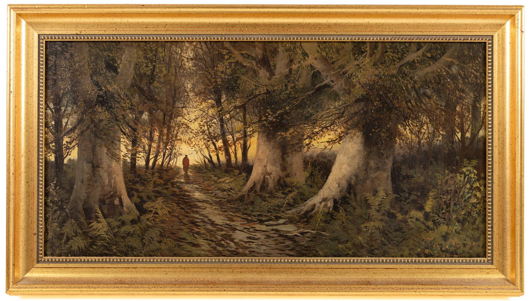 English School (19th/20th century): Figures Strolling Through Dense Forest, pair of oils on canvas indistinctly signed 29cm x 60cm (2)