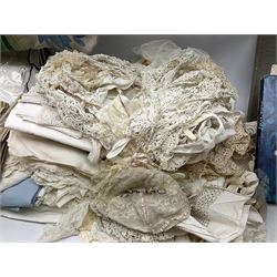 Large quantity of table linen and Victorian and later lace, framed machine tapestry depicting Greece, embroidered wall hanging decorated with a woodland scene with deer and blossoming tree, embroidered linen decorated with floral design, crochet, etc