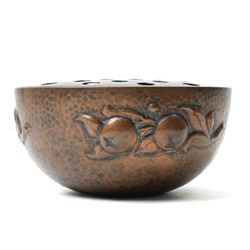 Newlyn school Arts and Crafts copper rose bowl, the planished exterior with fruit and leaves in high relief, H8.5cm x W18cm
