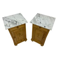 Pair pitch pine bedside cabinets, marble top over single drawer and cupboard