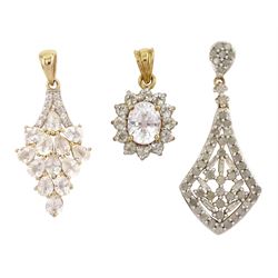 Two 9ct gold cubic zirconia pendants and a silver-gilt diamond pendant