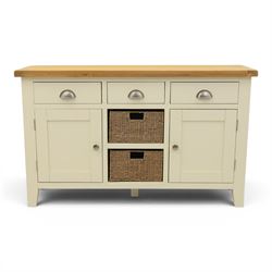 Contemporary white painted sideboard, oak veneered top above three drawers with metal cup handles, two central rattan drawers flanked by cupboards