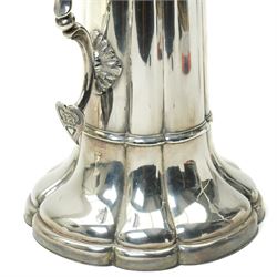 Large silver plated flagon probably by James Dixon with tapering lift, scroll handle and spreading lobed base H37cm, plated chalice with gilded interior by the same maker H21cm, plate chest with baize lined interior and countersunk handles W52cm and a pine stationery box