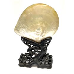 A late 19th/early 20th century Chinese Canton carved mother of pearl shell, carved with intricate scene with figures, pagodas and prunus trees, H18cm L21cm, upon a pierced wooden stand carved with blossoming flowers. 