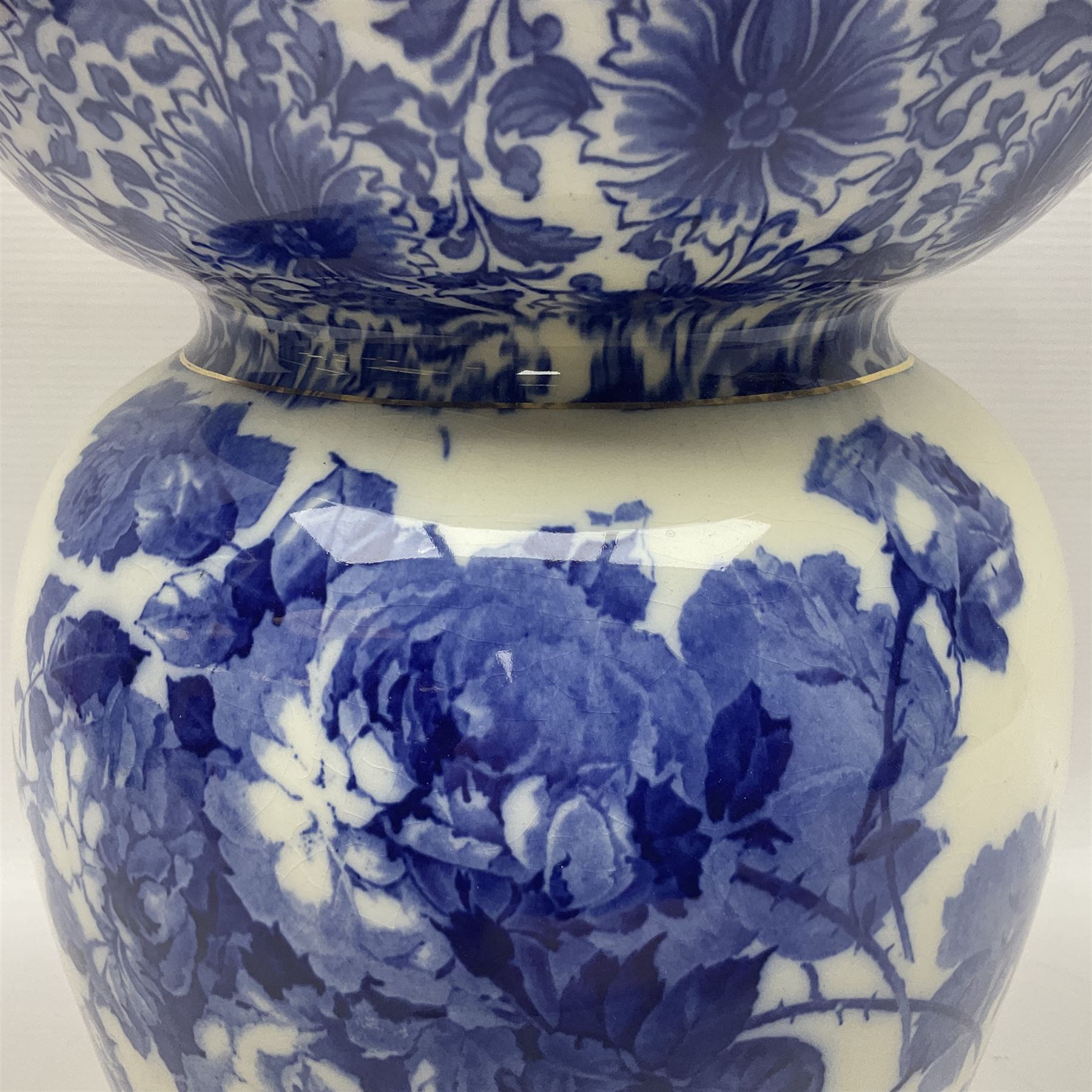 Doulton Burslem vase with fluted rim, in the Gloire-de-Dijon pattern H31cm