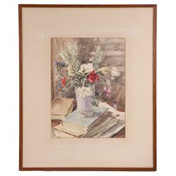 Percy Hague Jowett (British 1882-1955): Bouquet of Flowers on a Stack of Books, watercolour signed 40cm x 30cm
