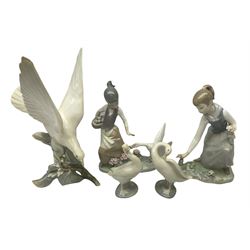 Lladro figures, Girl chased by Duck no.1288, Turtle Dove no.4550, Girl gathering Flowers no.1172, little goose no.4552 and little goose no.4553
