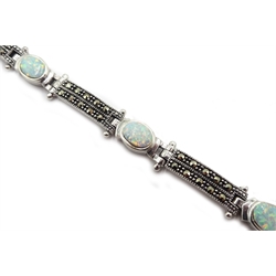 Silver opal and marcasite link bracelet, stamped 925