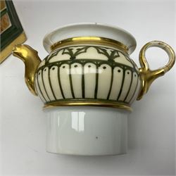 Two 19th century continental teapots and warmers, each teapot upon a cylindrical warming base, one in the form of a hexagon turret, the other hand painted with a figural plaque, largest H24cm
