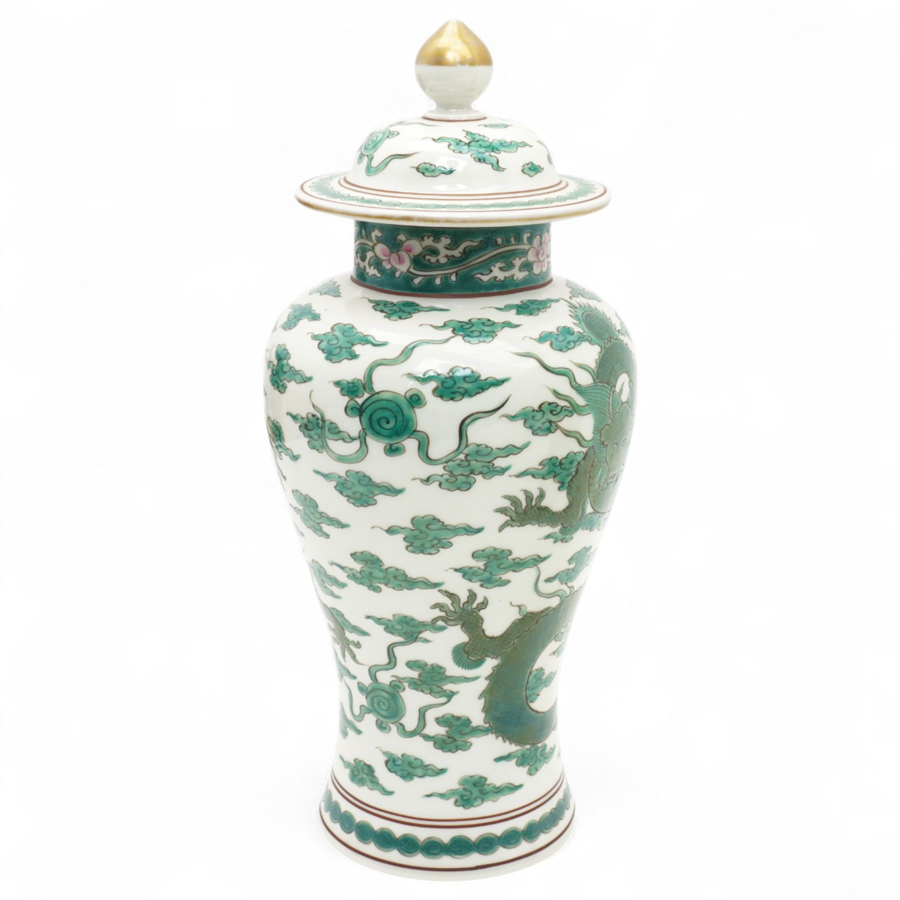 Pair of Chinese 20th century famille verte vases and covers, decorated with dragons among flaming pearls, H32cm (2)