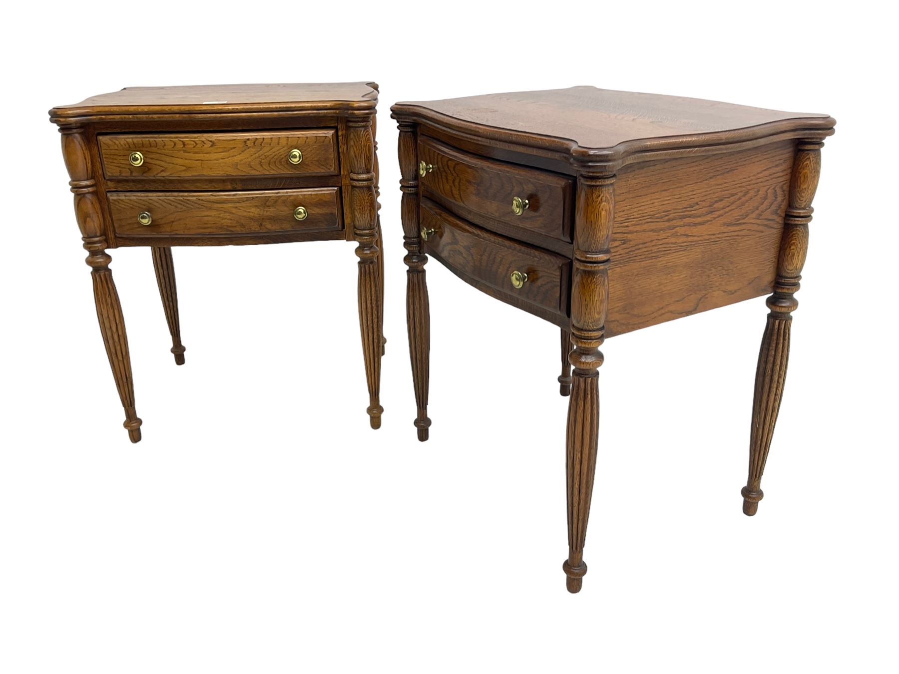 Lexington Furniture - pair of oak bedside lamp tables, shaped moulded top over two drawers, on turned and reed moulded supports