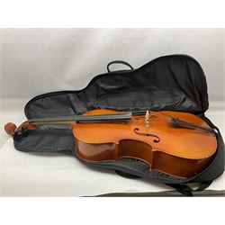 Modern Hungarian half-size cello with 69cm two-piece maple back and ribs and spruce top L114cm overall; and Stentor half size cello bearing label 'The Stentor Student II'; each in soft carrying case (2)